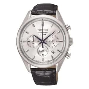 Mens Chronograph Quartz Stainless Steel Watch with Grey Dial & Leather Belt
