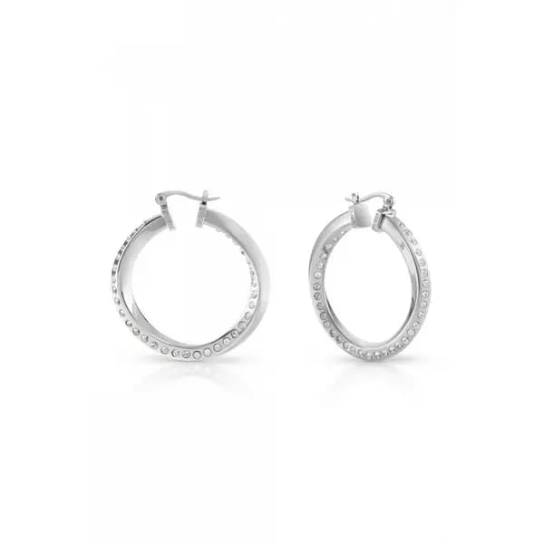 Guess Jewellery Ladies Rhodium Plated Twisted Hoop Crystals Earrings