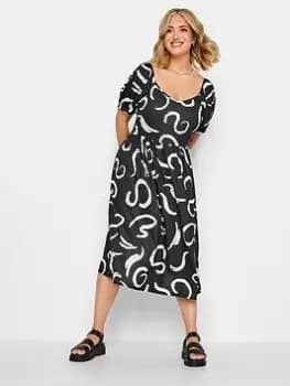 Yours Puff Sleeve Midaxi Dress Black Swirl, Black, Size 16, Women