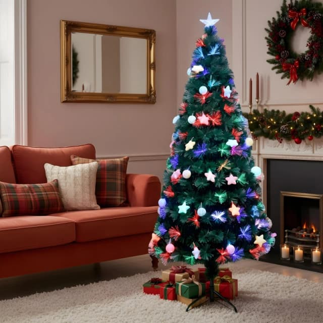 Shatchi 4ft/120cm Pastel Stars and Baubles Fibre Optic Christmas Tree LED Pre-Lit Green