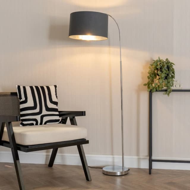 ValueLights ValueLights Curva Chrome Arched Floor Lamp with Metallic Chrome Inner Drum Lamp Shade in Charcoal Charcoal One Size Unisex 5059406061257