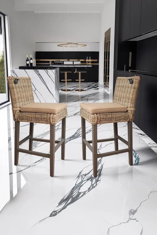 FWStyle Set Of 2 Grey Wash Solid Pine Rattan Bar Chairs Grey