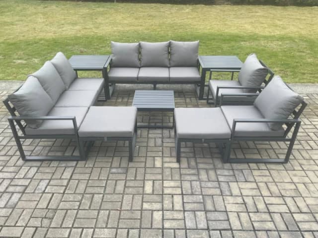 Fimous Aluminium Patio Outdoor Garden Furniture Lounge Sofa Set with Square Coffee Table 2 Chairs 2 Side Tables 2 Big Footstool Dark Grey Dark Grey Un