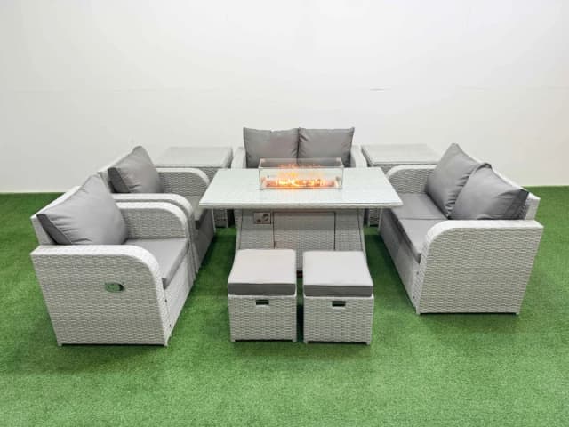 Fimous 8 Seater Outdoor Reclining Chair Love Sofa Set Rattan Garden Furniture Set with Firepit Dining Table 2 Stools 2 Side Table Light Grey Light Gre