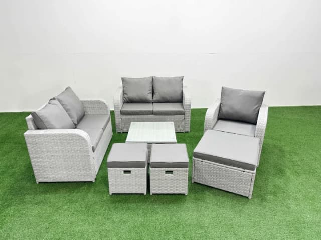 Fimous High Back Poly Rattan Garden Furniture Set with Reclining Chair Loveseat Sofa Square Coffee Table Indoor Outdoor Patio Set 3 Stools Light Grey
