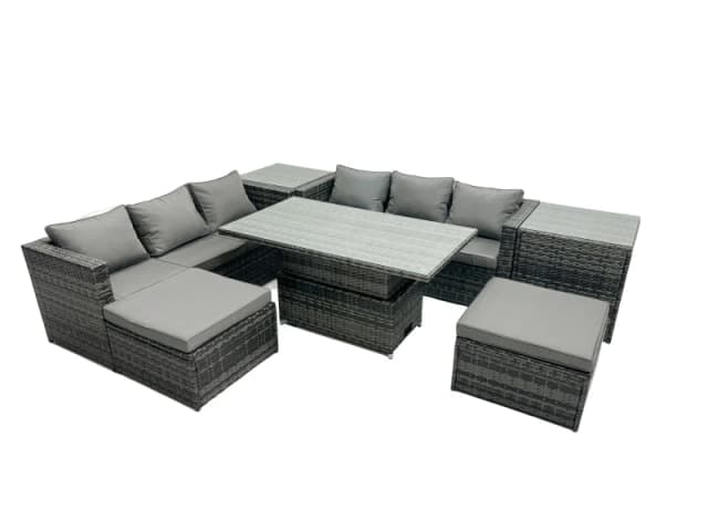 Fimous Rattan Dining Table Sofa Set with 2 Side Tables 2 Stool Outdoor 8 Seat in Dark Grey Dark Grey Unisex