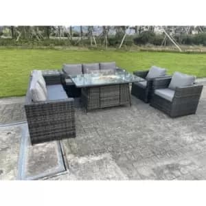 Fimous 8 Seater Outdoor Dark Grey Rattan Lounge Complete Sofa Set with Gas Fire Pit Table and Gas Heater