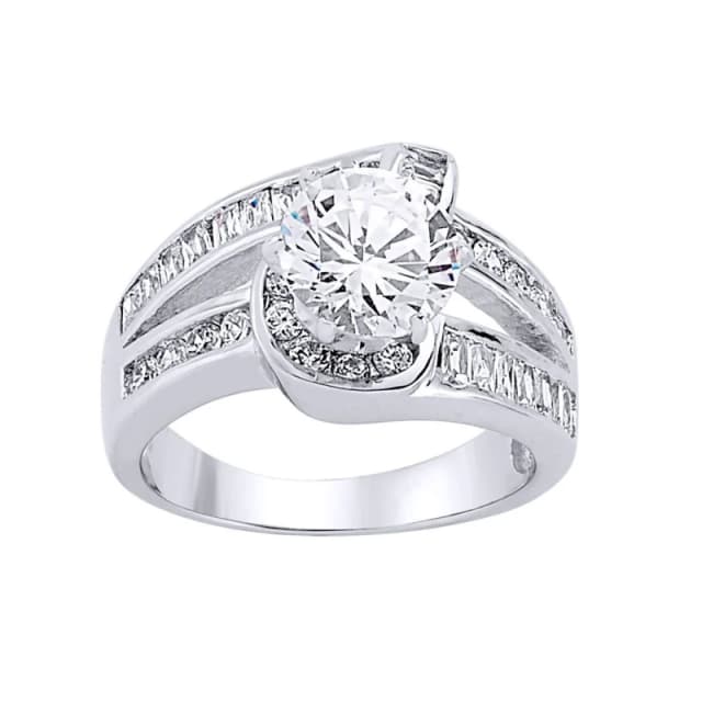 Jewelco London Silver Baguette CZ Crossover Twist Solitaire Engagement Ring - GVR046 Silver