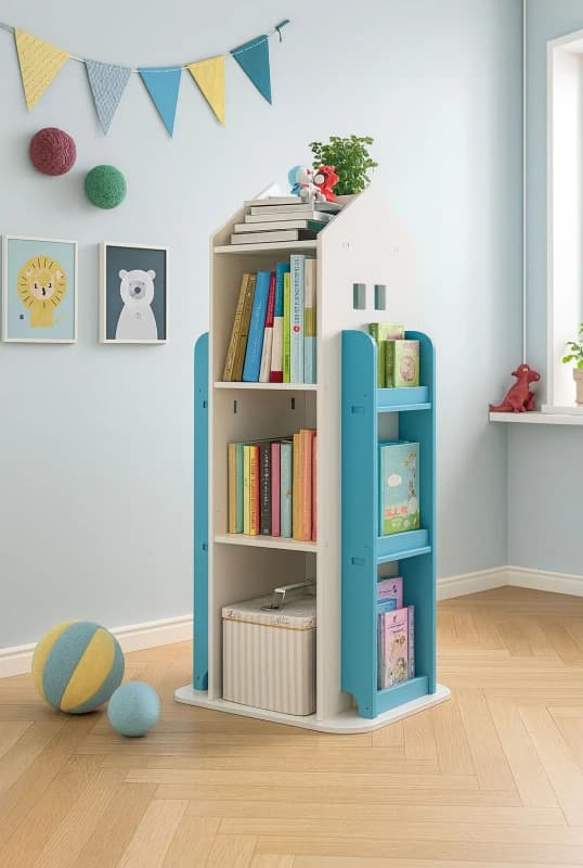 Neo Blue House Shaped 360° Rotating Kid's Children's Freestanding Bookshelf Blue Unisex