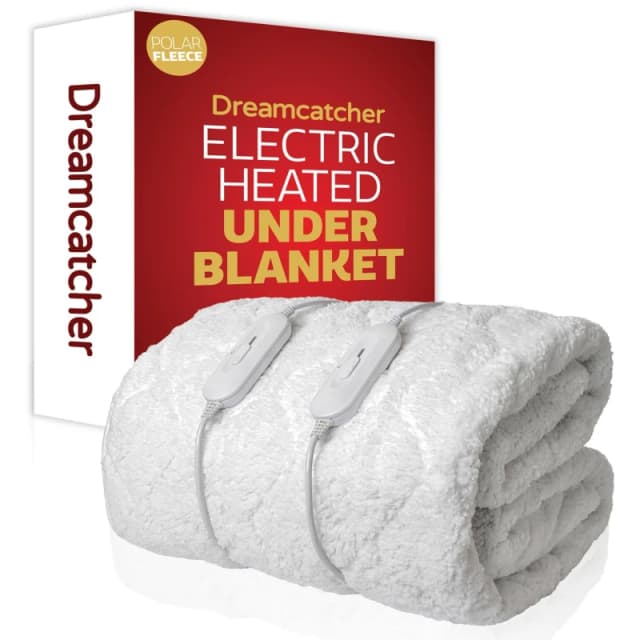 Dreamcatcher Deluxe Electric Blanket Fitted Polar Fleece Heated Bed Under blanket 3 Heat Settings, Single/Double/King/Super King Options White