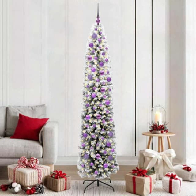 vidaXL Artificial Christmas Tree with 300 LEDs, Lilac Balls with Stand Snow Flocked Green 210 x 55 cm, Green 3395037