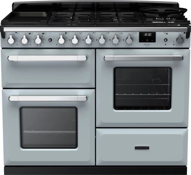 Rangemaster Estel Deluxe ESDLO110DFPMSB/CM1 110cm wide Dual Fuel Range Cooker with Gas Hob - Misty Blue / Chrome - A/A Rated