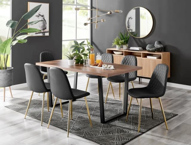 FurnitureboxUK FurnitureboxUK Kylo Large Brown Wood Effect Dining Table & 6 Corona Gold Leg Faux Leather Chairs in Black One Size Unisex 5056657