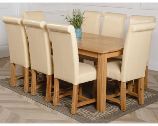 Thats Furniture Oslo 180 x 90cm Large Oak Dining Table & 8 Washington Leather Chairs in Cream Cream Unisex 180 x 90 cm