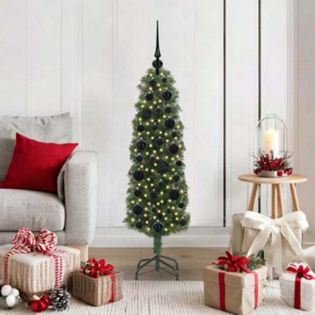 vidaXL Artificial Christmas Tree with 150 LEDs, Black Balls with Stand Green 120 cm, Green 3394922