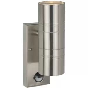Lucide ARNE-LED - Up Down Wall Spotlight Outdoor, PIR Sensor - Ø6,3cm - LED - GU10 - 2x5W 2700K - IP44 - Satin Chrome