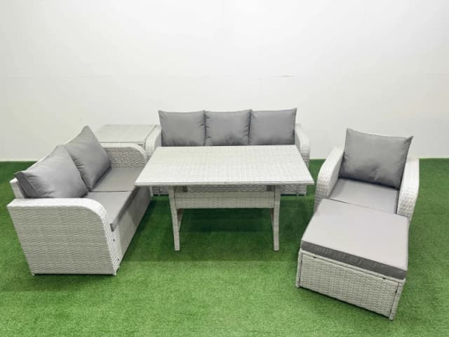 FIMOUS Fimous - Patio pe Wicker 7 Seater Outdoor Rattan Furniture Sofa Sets with Rectangular Dining Table Reclining Chair Loveseat Sofa 3 Seater Sofa