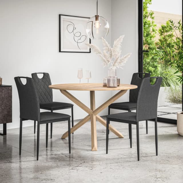 More4Homes Malvern Round Dining Table And Chairs - Oak Table Top W Solid Oak Legs + Monza Fabric Dining Chair Set Of 4 (Charcoal)