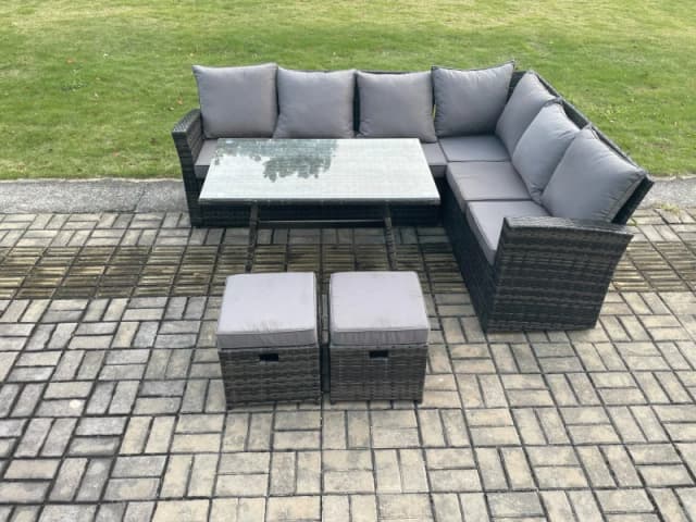 Fimous Outdoor Furniture Garden Dining Set Rattan Corner Sofa Set Rectangular Dining Table with Temper Glass 2 Small Footstools in Dark Grey Dark Grey
