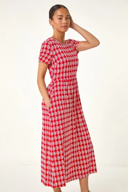 Roman Womens Petite Geometric Spot Pocket Midi Dress in Red Size: 8 Red Female 8