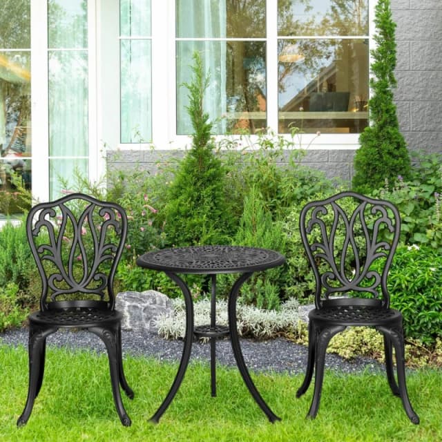 Outsunny 3 Piece Patio Bistro Set Outdoor Table Set with Umbrella Hole Jet Black