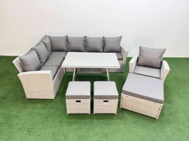 Fimous Garden Outdoor Rattan Furniture Set with Armchair 3 Footstools 10 Seat in Light Grey Light Grey Unisex