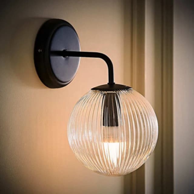 ValueLights ValueLights Kempton Ribbed Glass Globe Shade Single Arm Wall Light with Bulb in Black One Size Unisex 5059406071270