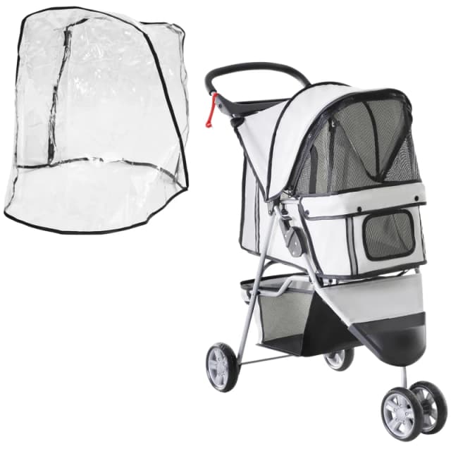 PawHut Small Dog Stroller with Cover, Folding Cat Pram Pushchair with Cup Holder, Storage Basket, Reflective Strips, Grey Aosom UK
