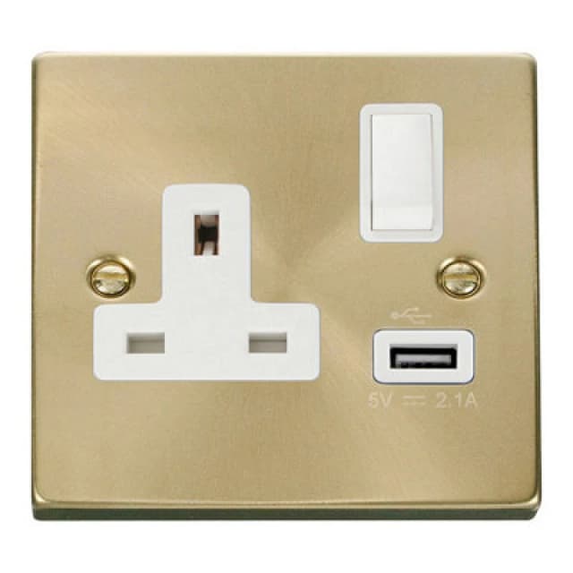 SE Home Satin / Brushed Brass 1 Gang 13A DP 1 USB Switched Plug Socket Gold unisex