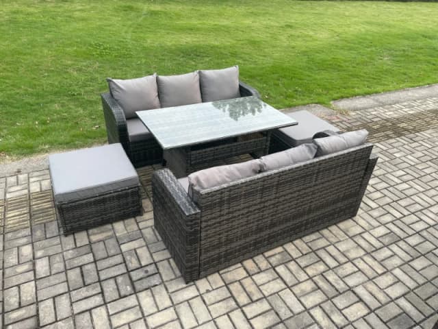 Fimous Patio Rattan Garden Furniture Set with Oblong Rectangular Dining Table 2 Big Footstool 5 Pieces Outdoor Lounge Sofa Set in Dark Grey Dark Grey