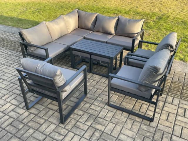 Fimous 10 Seater Aluminium Outdoor Garden Furniture Set Patio Lounge Sofa with Oblong Coffee Table Chair 2 Small Footstools Dark Grey Dark Grey Unisex