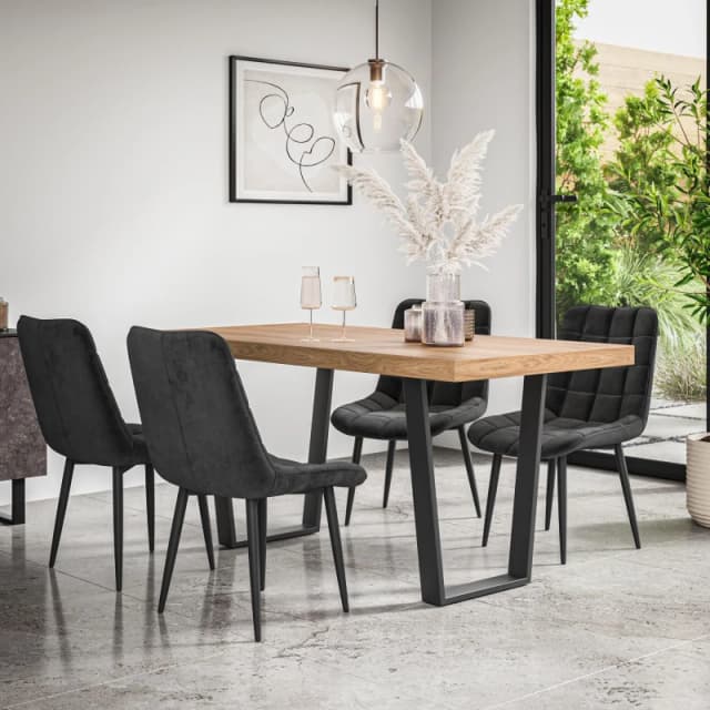 More4Homes Aria Dining Table And Chairs - Oak Effect Table Top W Black Legs + Nova Velvet Dining Chair Set Of 6 (Mustard)
