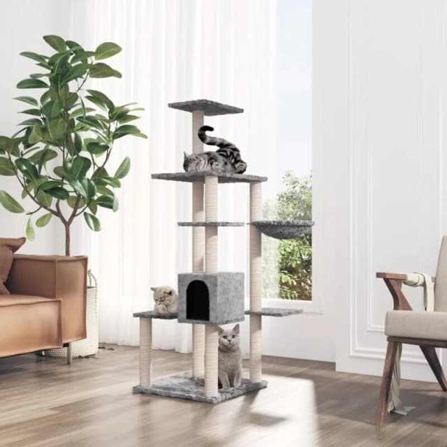 vidaXL Cat Tree w/ Sisal Scratching Posts Light Grey 142cm, Grey 171592