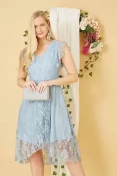 Blue Frill Cross Over Skirt Lace Dress