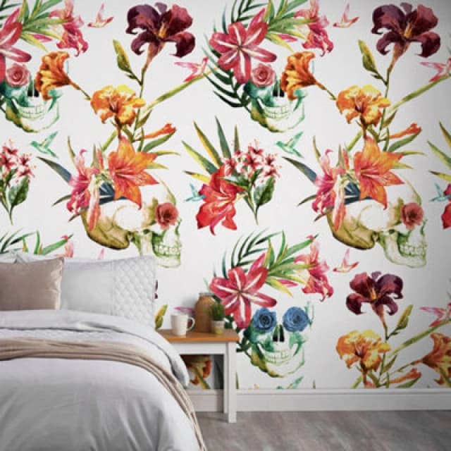 Grandeco Skulls And Flowers 3 Panel Repeatable Mural 1.59 X 2.8M