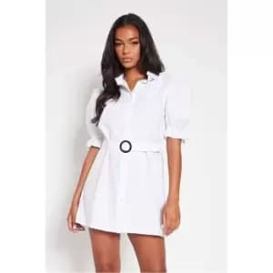I Saw It First White Cotton Poplin Belted Puff Sleeve Shirt Dress - White