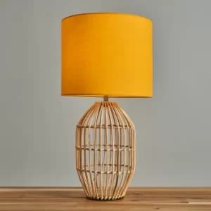 Hollins Small Natural Rattan Table Lamp with Mustard Reni Shade