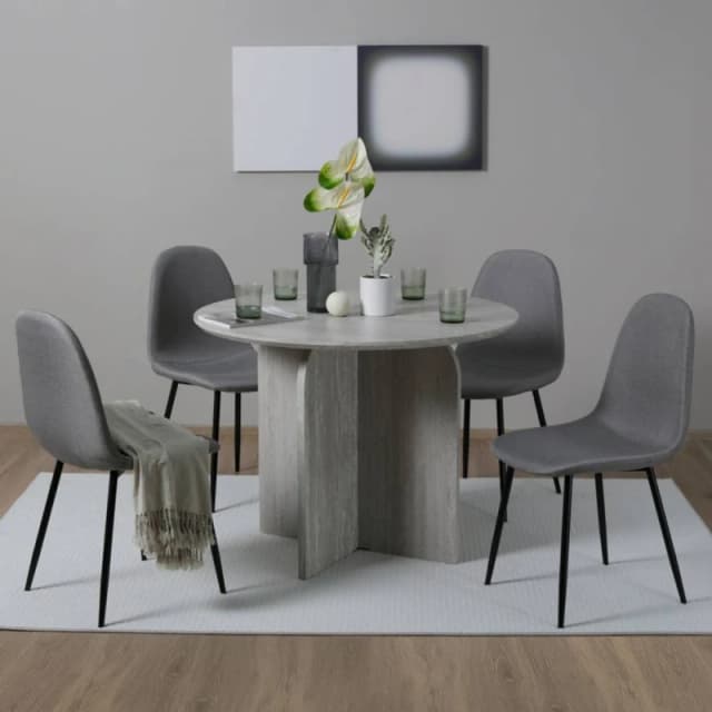Home Garden Direct NYX Dining Set Round Table Stone Effect x 4 Linen Chairs Light Grey Light Grey Unisex