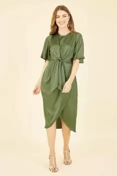 Green Satin Tie Detail Midi Dress