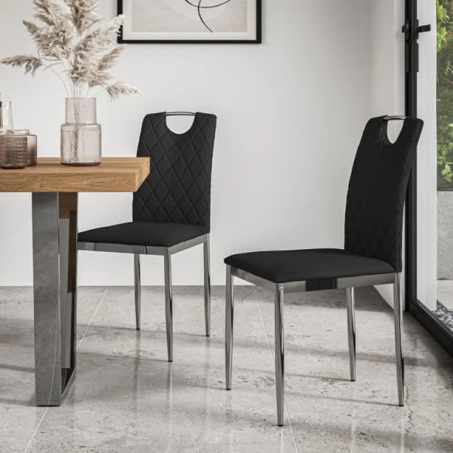 More4Homes Set Of 2 Monza Faux Leather Dining Chair Modern Padded Seat Chrome Legs Kitchen (Black)