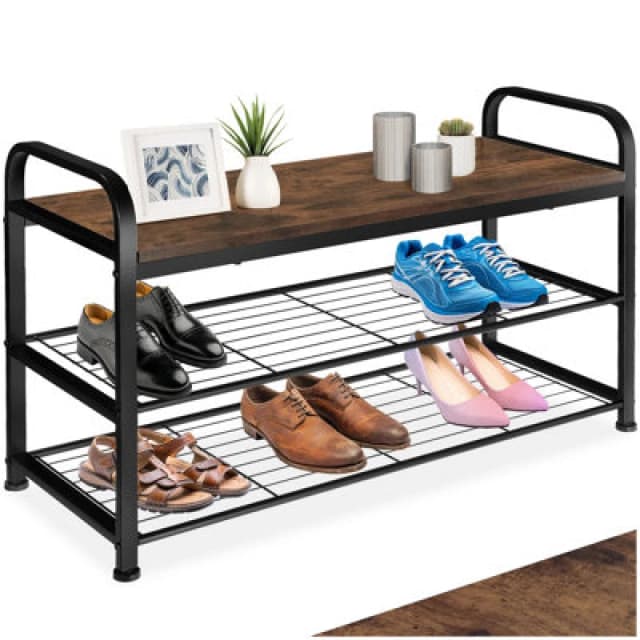 Tectake Shoe Rack Southampton - Surface Shelf And 2 Grid Shelves, Industrial Style - Industrial Wood Dark, Rustic