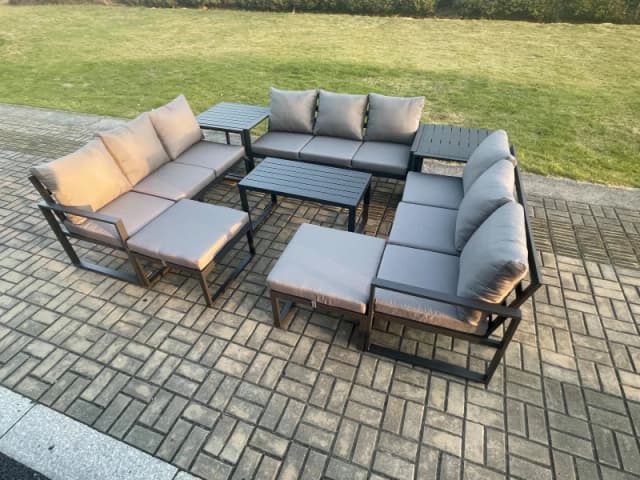Fimous Aluminium Outdoor Garden Furniture Set Lounge Sofa Oblong Coffee Table 2 PC Big Footstool 2 Side Tables Sets with Cushions Dark Grey Dark Grey