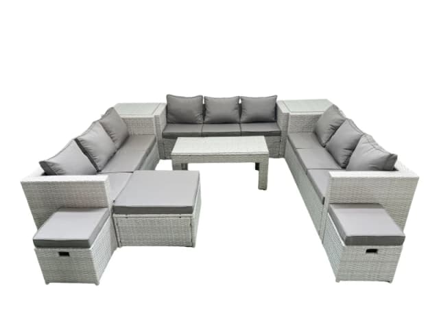 Fimous Rattan Garden Outdoor Furniture Set 12 Seater Garden Sofa Oblong Coffee Table Set with 3 Footstools 2 Side Tables Light Grey Mixed Light Grey