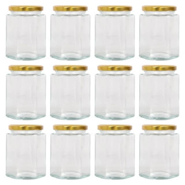Argon Tableware Hexagonal Glass Jam Jars With Gold Lids - 250ml - Pack Of 12