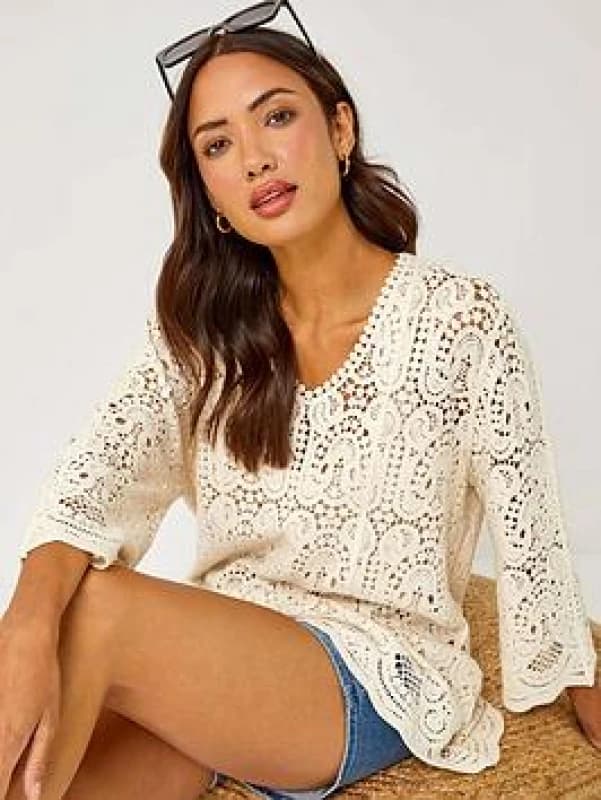 Roman Cotton Crochet Tunic Top Natural