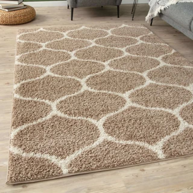 THE RUGS Soft Trellis Shaggy Rugs & Runners Beige & Ivory Living Room Size: 80cm x 300cm Beige Unisex 80cm x 300 cm