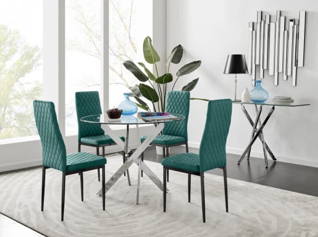 FurnitureboxUK FurnitureboxUK Novara 100cm Round Dining Table and 4 Velvet Milan Black Leg Chairs in Green Green One Size Unisex 5056657153724