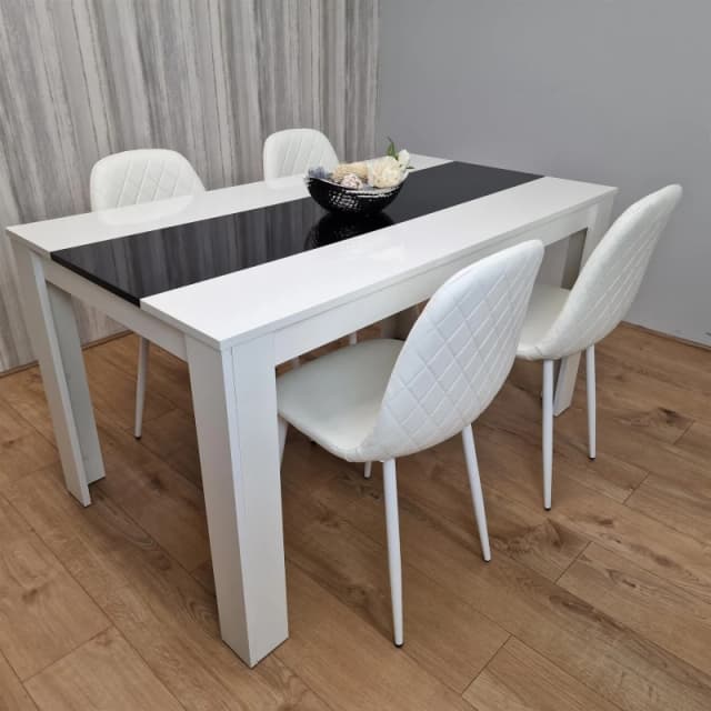 KOSY KOALA Dining Table and 4 Chairs White Black Wood 4 Leather White Chairs Dining Room Modern w/b 117 + 4 white gem