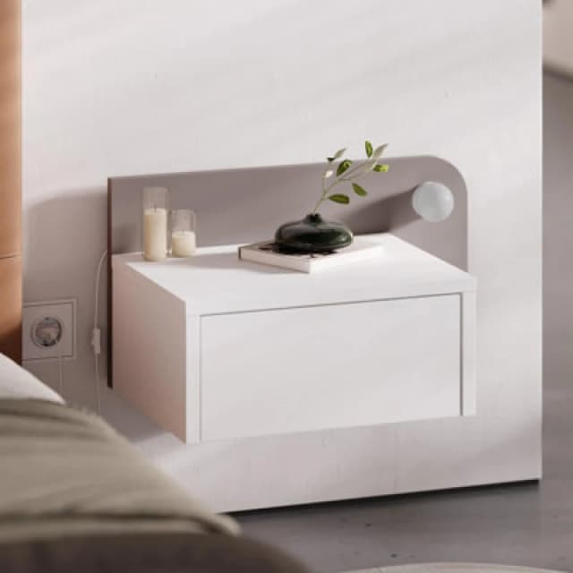 Decortie Floating Bedside Table With Drawer, LED Light In 3-Tones 33.5Cm Wall-Mount Bedroom Storage Unit, White, Mocha Grey