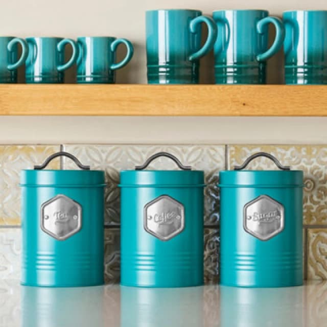 Cooks Professional 3 Piece Tea Coffee Sugar Cannister Set - Labelled Kitchen Storage Tins With Airtight Lids - Teal & Silver